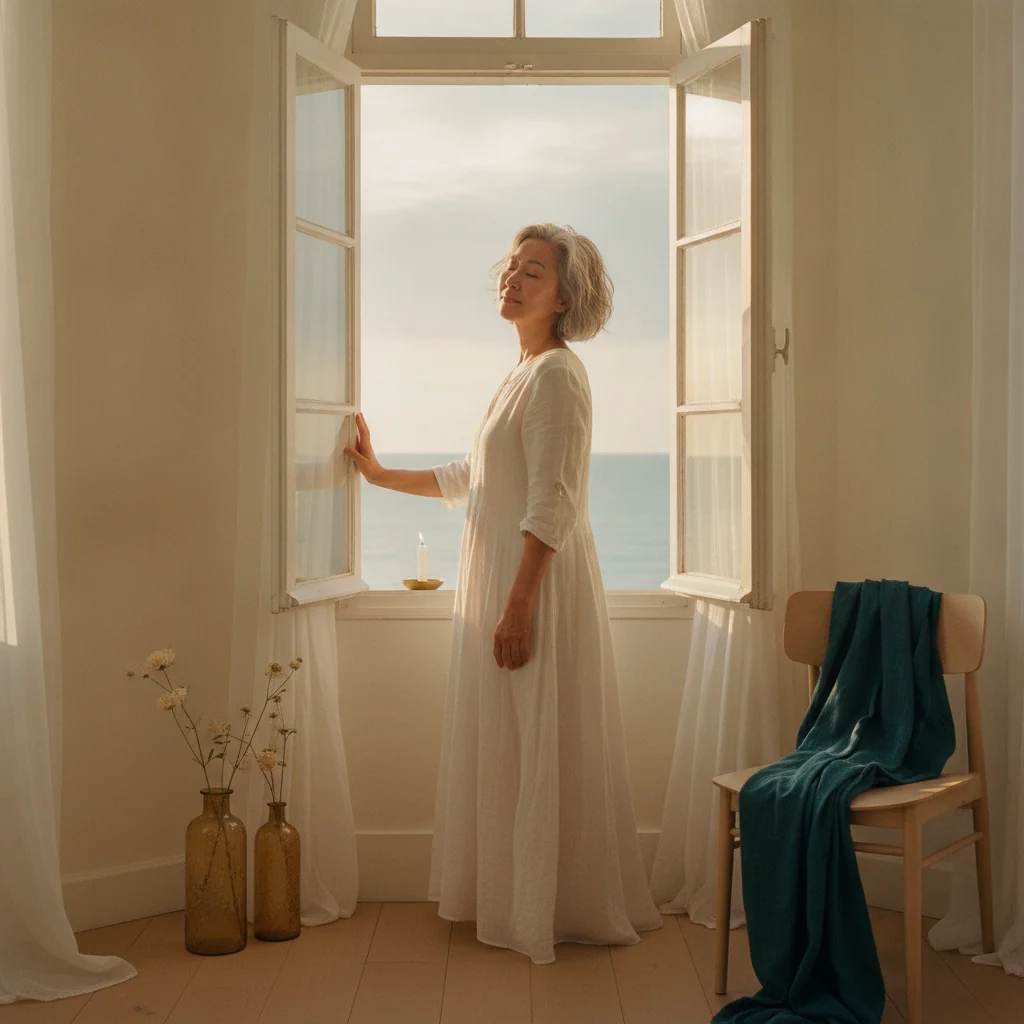 A woman sitting quietly by a window at sunrise