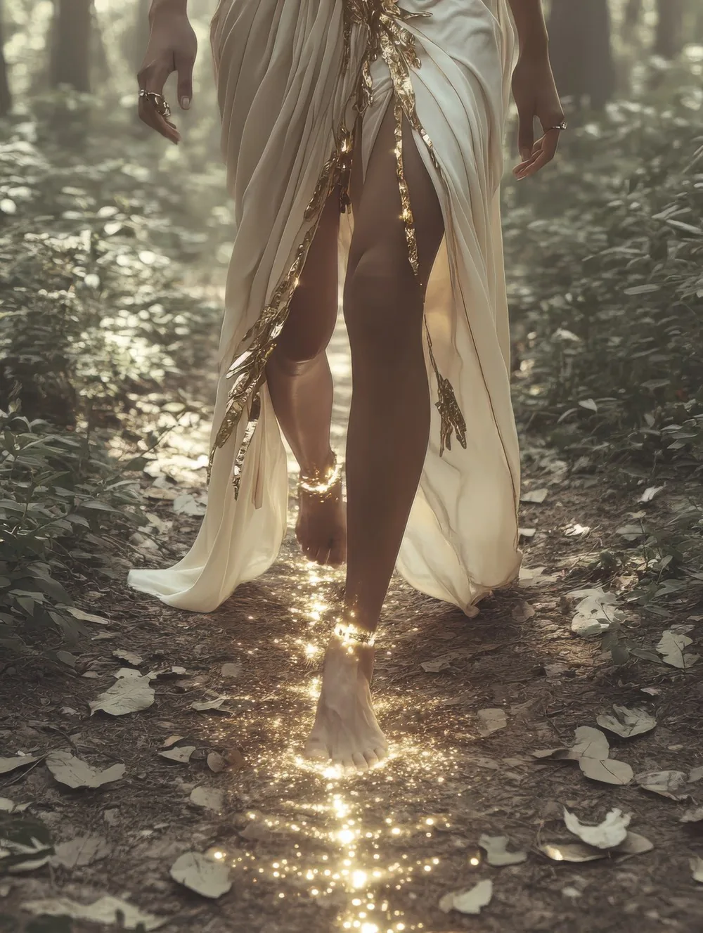 A figure walking a path through green forest light