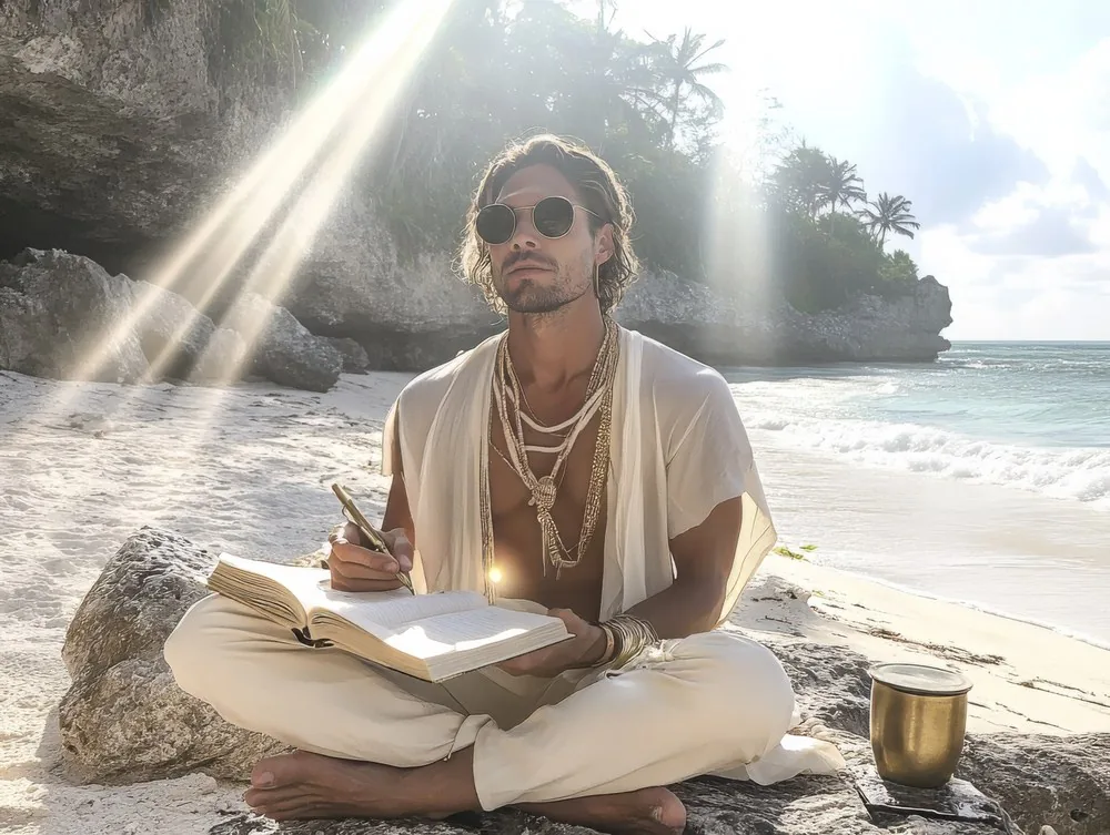 Journaling on a rocky shore at sunset